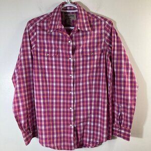 Womens Wrancher by Wrangler Western Pearl Snap Shirt Long Sleeve Pink Orange Whi